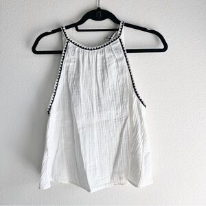 zara • cotton open back halter top • white w black design & tassel • small